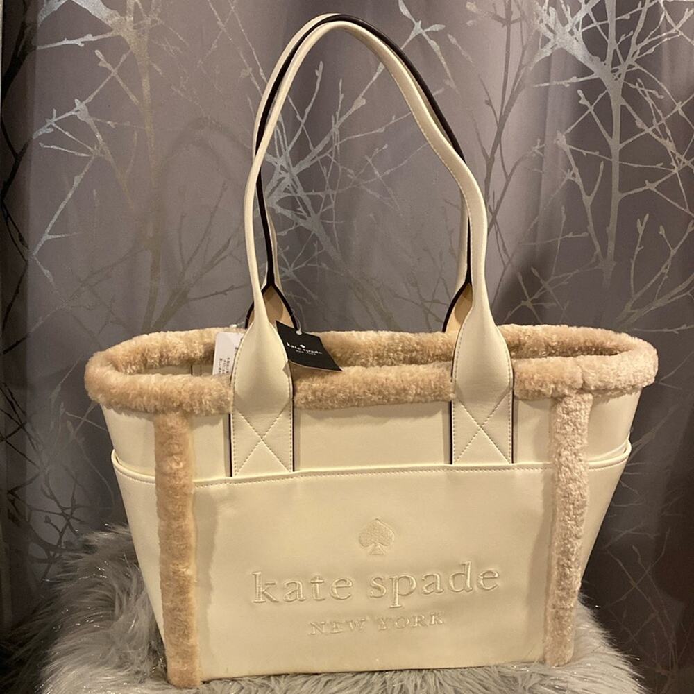 BNWT KATE SPADE Faux Shearling Meringue Sherpa Large Shoulder Tote Bag